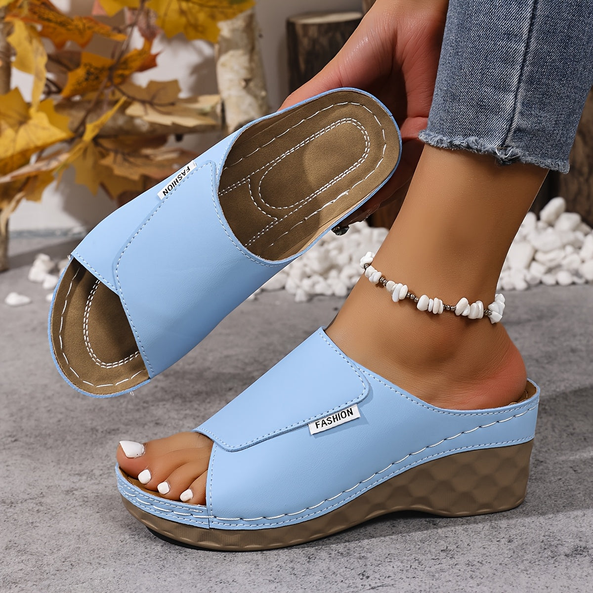 [Summer Sandals] Comfortable Summer Women's Wedge Heel Open Toe Slip-On V-Shape Fashion Sandals | Solid Color Plus Size High Heels, Soft Lightweight Shoes