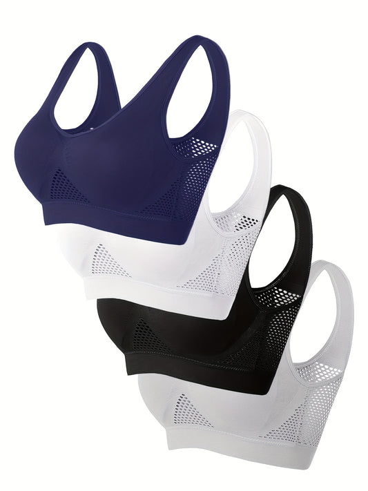 Wireless, Breathable 4pcs Women's Sports Bras - Padded, Mesh with Racerback Design for Yoga, Fitness, Running - Pink, White, Purple, Black, Workout Accessories
