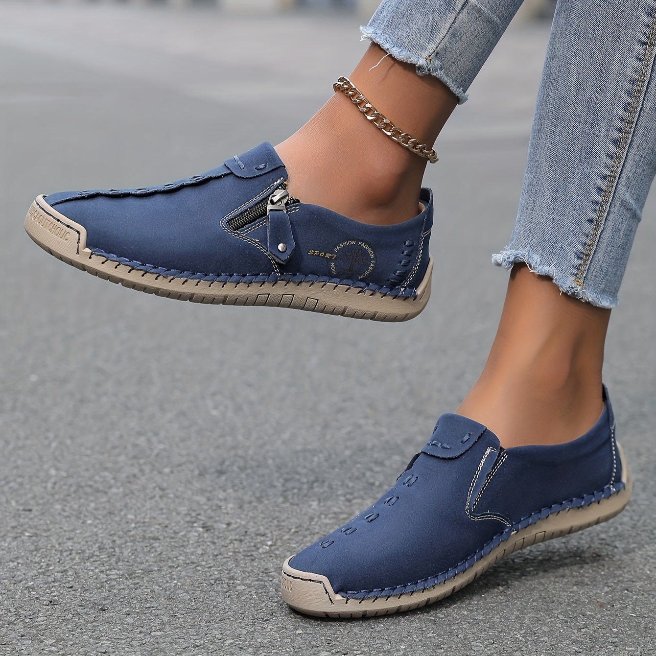 Women'S Handmade Casual Loafers - Suitable for 10 Occasions, Comfortable and Durable Slip-On Sneakers with Zipper Closure, Breathable Perforated Design, Rubber Sole, Perfect for Outdoor Wear, Spring and Summer