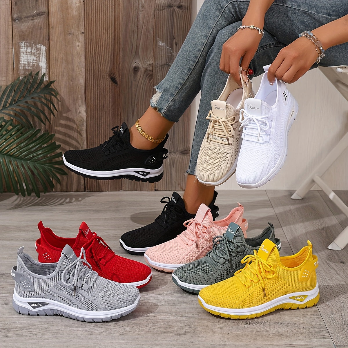 [Breathable Sneakers] Lightweight Breathable Women's Knit Casual Sneakers | Anti-Slip Traction, All-Season Comfort, White Low-Top Lace-Up Shoes for Casual Attire & Light Workouts, Comfortable Footwear, Sleek Design, Minimalis